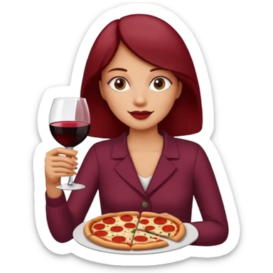 Woman with glass of wine and pizza sticker