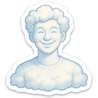 bright and recognizable person from shoulders, front view, composed of cloud shapes similar to reference clouds, no text sticker