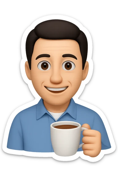 Add a coffee cup in the character's hand, keep the style and expression the same, inspired by Jerry Seinfeld, with no background. Maintain the original style and expression exactly as in the reference image. sticker