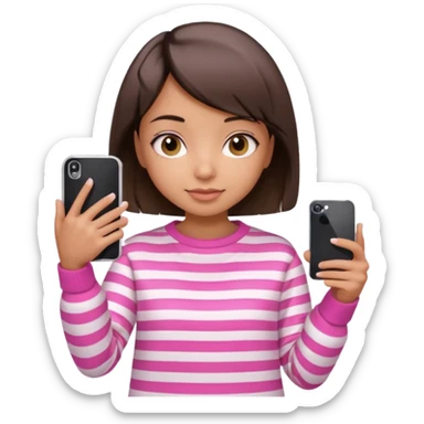 Emoji of a cute 3D girl with short dark brown bob hairstyle, wearing a pink and white striped sweatshirt. She is holding a phone and taking a selfie, white background.

 sticker
