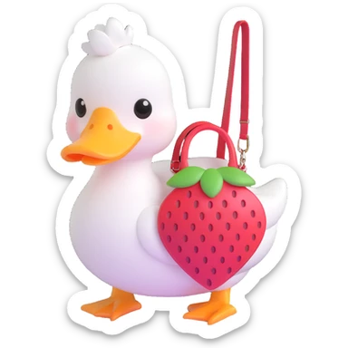 cute white duck with a strawberry-shaped shoulder bag, 3D kawaii style, pastel colors, big shiny eyes, soft lighting, chibi look sticker