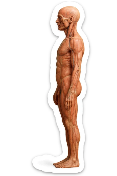 CORPO UMANO ANATOMICO REALISTICO DI PROFILO CON CURVA LOMBARE PIATTA, iperrealistico 4k sticker