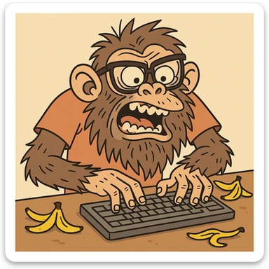 ugly coding ape, wild beard, typing frantically, oversized glasses, banana peels on desk, silly, comic style sticker