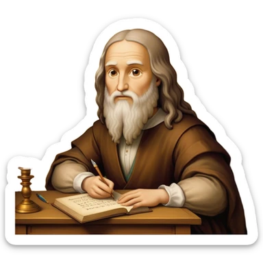 Cinematic Realistic Leonardo da Vinci Portrait Emoji, depicted as the quintessential Renaissance polymath with deep, thoughtful eyes, a flowing beard, and a quill or sketchbook in hand. The scene is illuminated with warm, classical lighting, evoking the atmosphere of a master artist’s workshop, surrounded by early sketches of inventions and masterpieces like the Mona Lisa. sticker