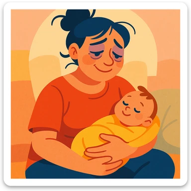 postpartum woman, tired but happy, hair tied up, comfortable clothes, soft ambiance, expressive illustration style sticker