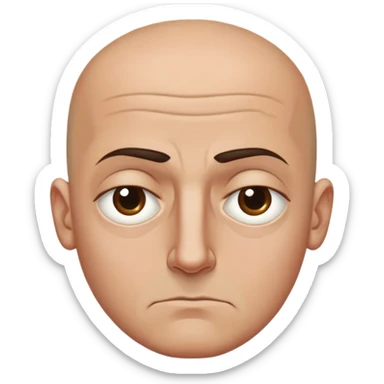 Steven Miller, bald, scowling expression, narrow rectangular head, bottom lip sticking out, eyelids almost closed and lower on the outside, very dark circles around eyes sticker