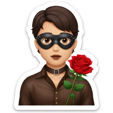 brunette young adult man with leather eye mask and leather halter neck blouse, holding rose with his mouth sticker