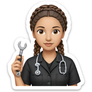 A 40-year-old Latina woman with light brown skin, working as a car mechanic, wearing all black mechanic scrubs, with two braids pulled back from her head sticker