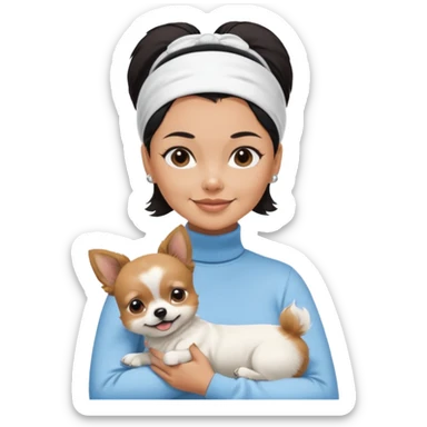 tan skin woman, with short black hair in a slicked back ponytail with forehead showing, with white headband, wearing solid pastel blue turtleneck shirt, smiling carrying dark brown-white furry fuzzy chihuahua pomeranian dog sticker