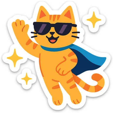 cool flying cat in sunglasses, waving and surrounded by sparkles to express thanks sticker