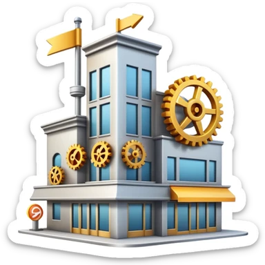 restaurant building with gears and an upward arrow, emoji symbolizing engineering and growth in restaurant industry sticker