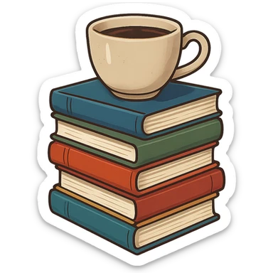 a stack of colorful books with a coffee cup on top, bookstore vibe, no background sticker