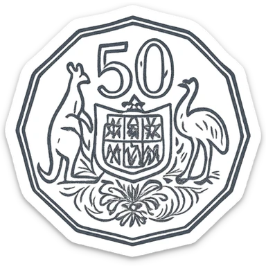 Australian 50 cent coin, silver, dodecagonal, hand-drawn sketch style sticker