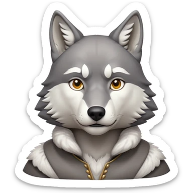 cinematic-noble-wolf-portrait-emoji,-poised-and-regal,-with-a-strong,-lean-build-and-a-sleek,-fur-of-grey-and-white,-deep-set-soulful-piercing-eyes,-simplified-yet-sharp-and-sophisticated-features,-highly-detailed,-full-body, zoomed out showing shoulders sticker