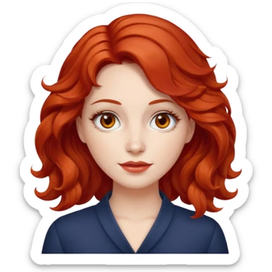 a woman with bright red wavy hair, slightly slanted almond brown eyes and white skin  sticker
