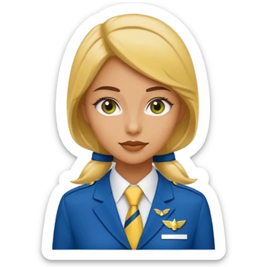 stewardess uniform is yellow and the bottom is skirt navy blue and the tie is green blue sticker