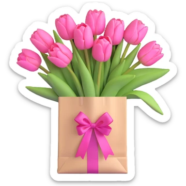 a bouquet of pink tulips in a white paper bag tied with a pink ribbon, 3D iOS emoji style, pastel pinks and baby blues, soft shadows, clean and modern minimalism sticker
