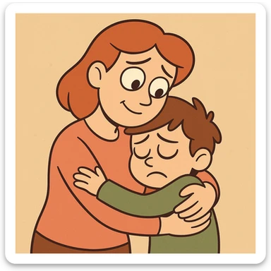 mother hugging sad child, simple shapes, warm palette sticker