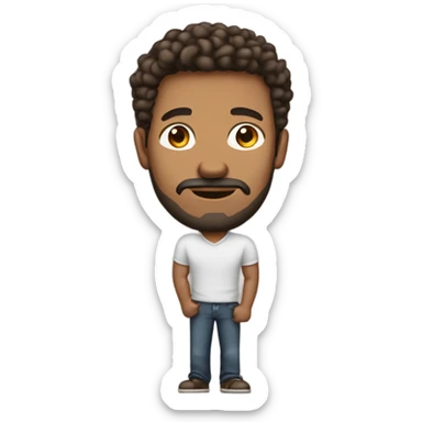 tall men holding his computer in hands. light brown skin men with curly dark brown hair, brown eyes, little grown beard. imposing, bit muscular build. dressed casual. sticker