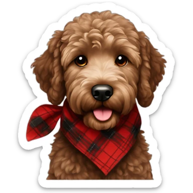 Black Chocolate brown colored golden doodle with a red and black flannel hankerchief sticker
