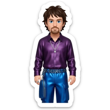 Bam Margera with blue eyes, dark brown hair, dark purple metallic shirt, cobalt blue metallic baggy pants, silver necklace sticker