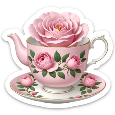 Realistic 1940's ultra detailed English tea rose, tea cup & saucer  sticker