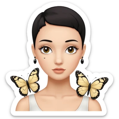 Lady with black buzz cut hair and lashes wearing 4 black earrings holding white butterfly sticker