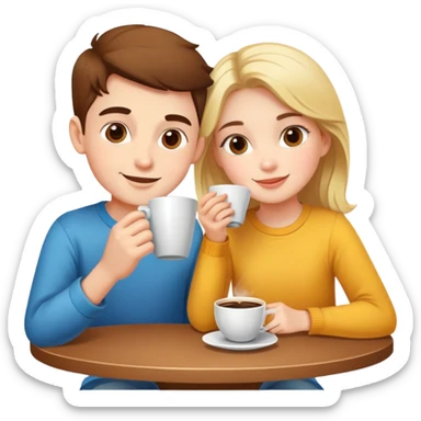 bright and cheerful boy and girl sitting at a table sipping coffee sticker