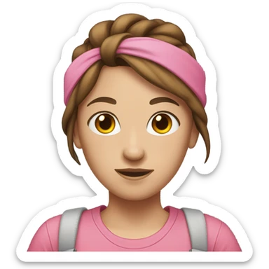A white woman with brown hair in pony tail wearing pink headband, pink t shirt and overalls  sticker