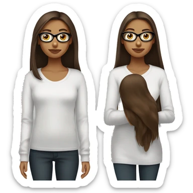une fille avec de long cheveux noir lisse , des yeux marron , et avec des lunette (en forme de carrer un peu déformé) assez grosse comparer a ça tête , portant un pull blanc sticker