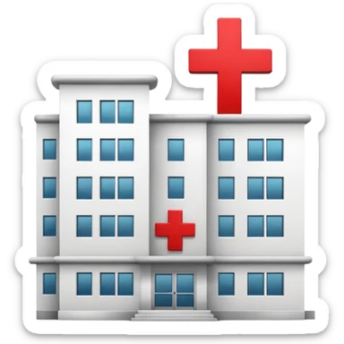 A hospital building with a red +. In PNG format. sticker