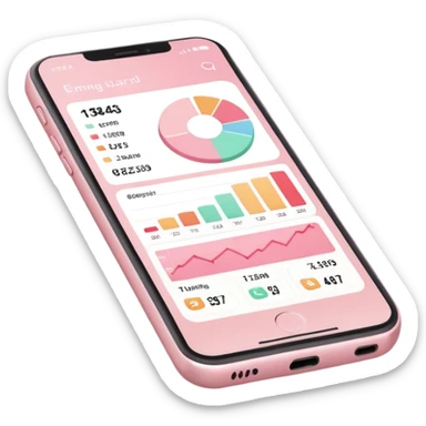 Pastel pink phone showing a clean trading dashboard, soft light and minimal shadows sticker