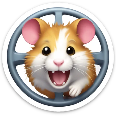 A cute, energetic hamster running inside a wheel, showing determination and focus. The hamster should look fluffy and cheerful, with vibrant colors and a playful vibe. sticker