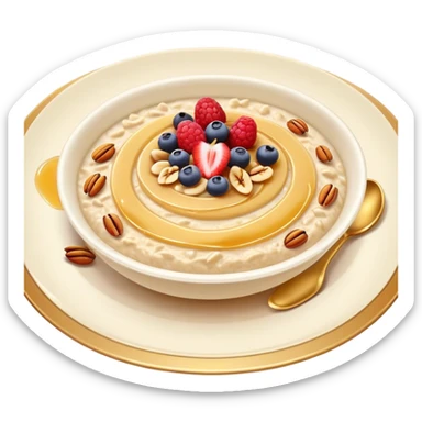 Cinematic creamy oatmeal, smooth texture with a swirl of honey on top, garnished with fresh berries and nuts, warm and comforting, cozy golden tones, rich and delicious. sticker