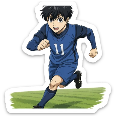 Isagi Yoichi, running on a soccer field, blue uniform, anime style sticker