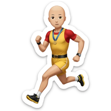 one punch man picking running a marathon with gold medal sticker