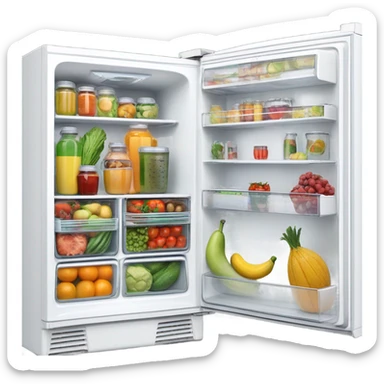 A white double door fridge with both doors open. Inside it has shelves with fruit and vegetables in organized containers. Also clear bottles filled with juices that is organized sticker