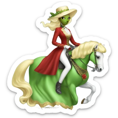 "galora green blonde alien woman" in red Victorian elegant dress, full body, rides "horse gold and white"
 sticker