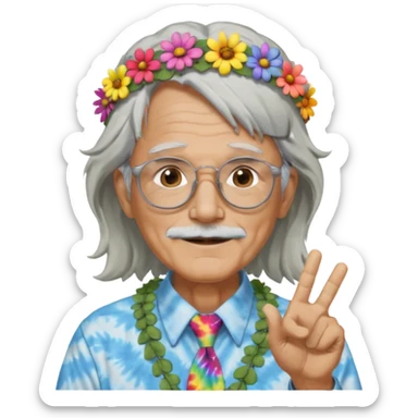 elderly man with long grey hair, glasses, peace sign necklace, tie-dye clothing, flower crown sticker