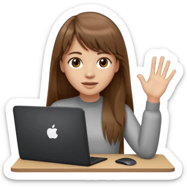 a designer with light skin long brown hair bangs waving with computer, no glasses sticker