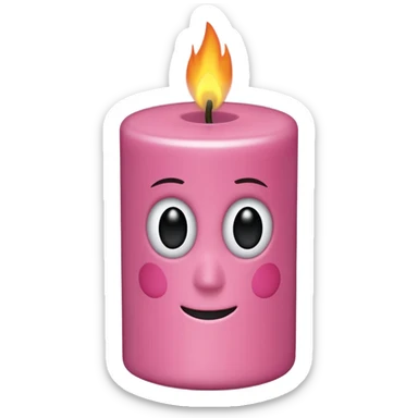 Draw a woody pink, Pixar-style candle with a flame and black eyes. The candle should be visible from the front and top. sticker