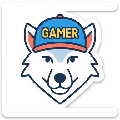 modern icon of a white wolf in a gamer hat, clear silhouette, minimal details sticker
