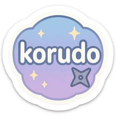 badge with the word 'korudo' in the center, chibi anime-inspired style, playful and cute, rounded shape, soft blue and purple gradient background, bold easy-to-read text, subtle sparkles, small ninja star accent sticker
