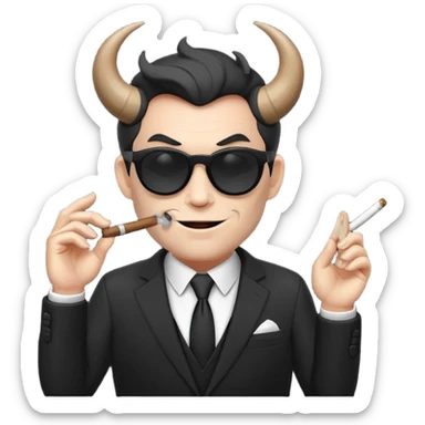 Minimalist emoji-style sticker of a devilish producer in black suit, tiny horns, dark sunglasses, and a smoking cigar, grayscale tones, matte style sticker