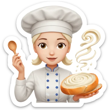 Young female baker - white chef hat, squeezing white cream pattern on bread sticker