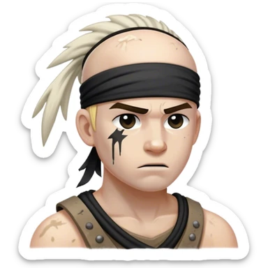 A battle-worn warrior with a black headband, sweat and dirt streaked across his pale skin sticker