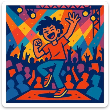 person dancing energetically at a concert, vibrant colors, expressive movement, crowd and stage lights sticker