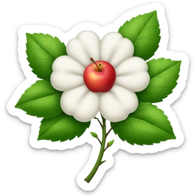 white fluffy cotton flower with green leaves, Apple emoji style sticker