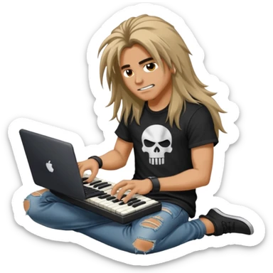 A long haired keyboardist headbanging, the keyboardist is rebellious in their clothing style. sticker