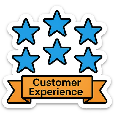 Add the words 'Customer Experience' below the six blue stars with a ribbon underneath, keep the modern icon style, preserve transparent background. sticker